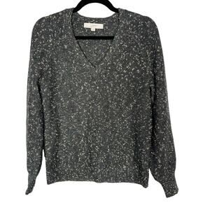 LOFT Small S Gray Green Gold Shimmer Stitch V Neck Sweater Blouson Sleeves Knit